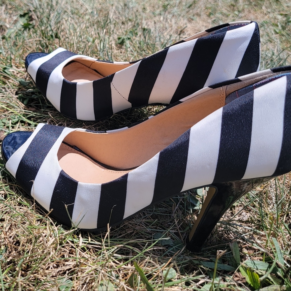 Black and white striped high heels